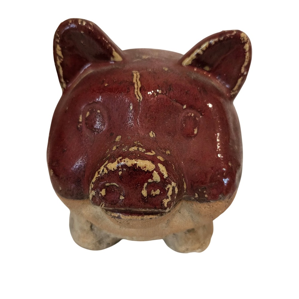 Vintage Rustic Terracotta Pig Figurine Oxblood Red Glaze Distressed Folk Art